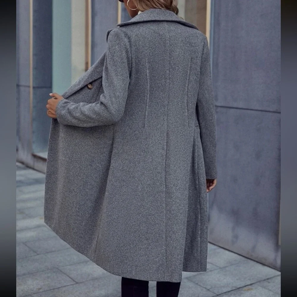 Lapel collar Double Breasted Overcoat long pea coat peacoat black long line - Picture 10 of 10